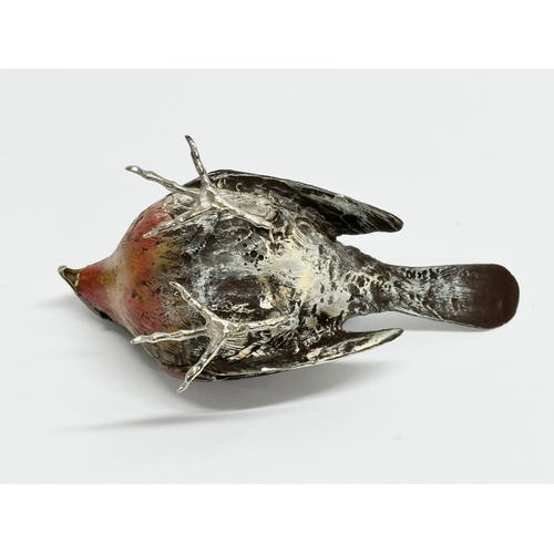 236 - A signed Robin sculpture with brass beak and silver feet. 13x8.5cm.