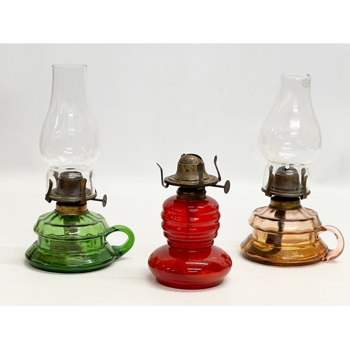 411 - Three Late 19th Century Victorian glass finger lamps/oil lamps.