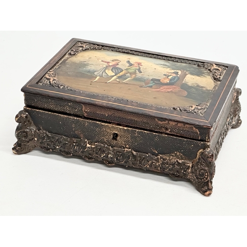 265 - A 19th Century inlaid rosewood and leather bound jewellery box, with painted panel top. 20x15x7cm.