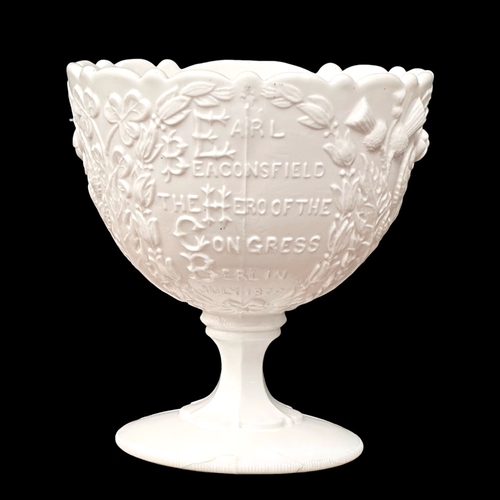 359 - Henry Greener & Co. A 19th Century milk glass compote. The Earl Beaconsfield (Disraeli) The Hero of ... 