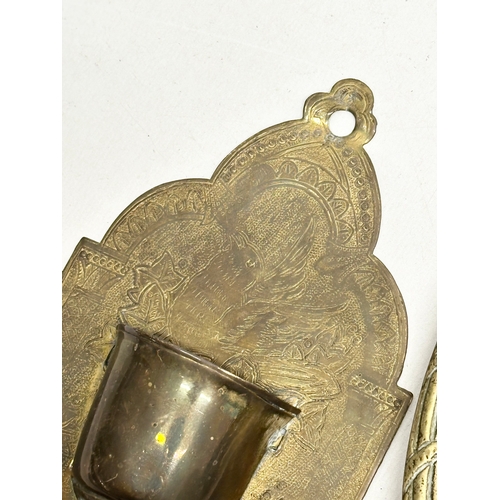 620 - Victorian brassware. A Late 19th Century brass door knocker 21cm. A small Galleon style door knocker... 