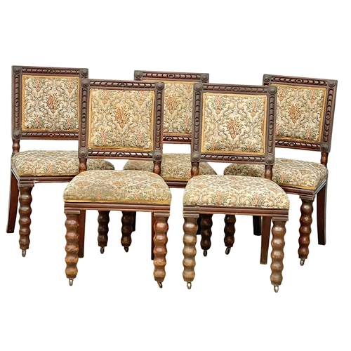 798 - A set of 5 good quality Victorian heavy oak dining chairs, with bobbin turned legs.