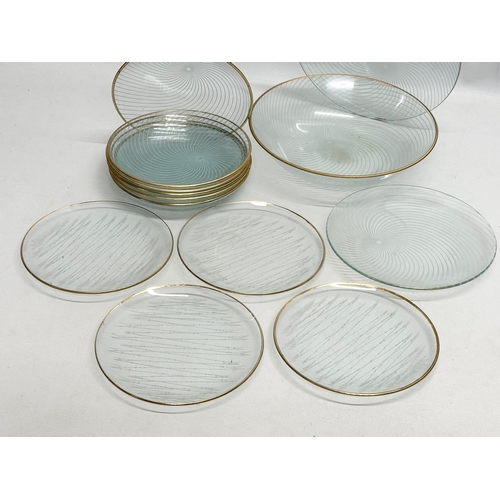 672 - 1950’s Mid Century Chance Glass plates and bowls. 13 pieces. Fruit bowl 22cm. 6 side bowls 16cm. 4 s... 