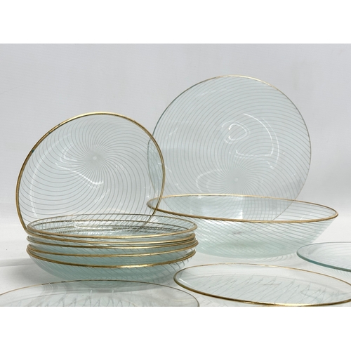 672 - 1950’s Mid Century Chance Glass plates and bowls. 13 pieces. Fruit bowl 22cm. 6 side bowls 16cm. 4 s... 