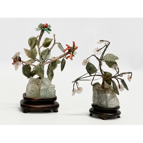 244 - Two Chinese jade and stone trees on padauk wood bases. Early/Mid 20th Century. 11x15cm. 10x13cm.