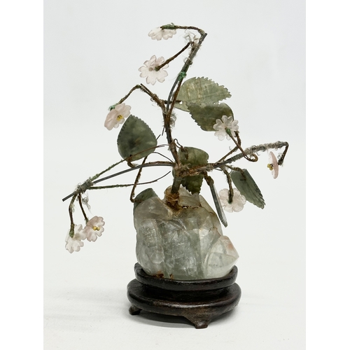 244 - Two Chinese jade and stone trees on padauk wood bases. Early/Mid 20th Century. 11x15cm. 10x13cm.