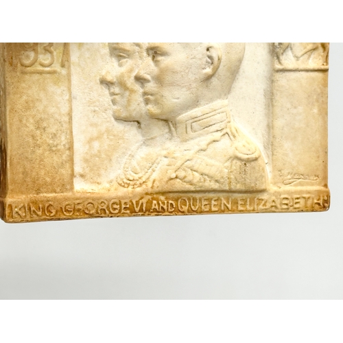 258 - A signed plaster Commemorative wall plaque. King George VI and Queen Elizabeth. 16.5x12.5cm.