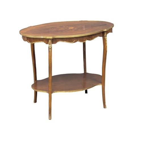 445 - A Late 19th Century French style inlaid rosewood and mahogany two tiered side table with brass ormol... 