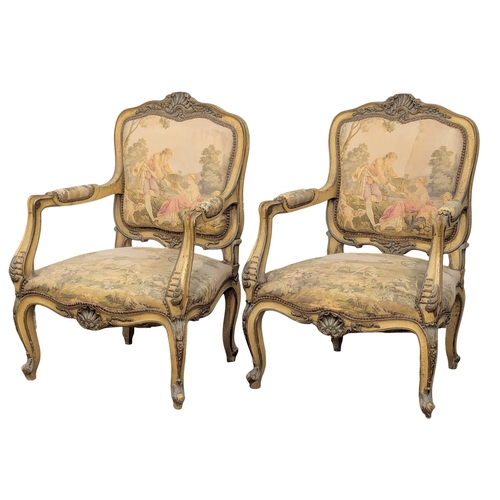 269 - An excellent pair of 19th Century Louis XV style armchairs with needlepoint work and original French... 