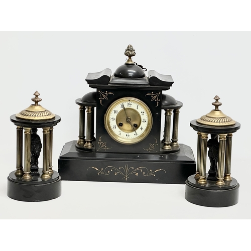 404 - A 19th Century Victorian 3 piece slate and brass clock set. 35x14x35.5cm. 26cm.