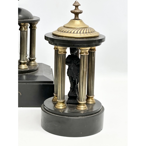 404 - A 19th Century Victorian 3 piece slate and brass clock set. 35x14x35.5cm. 26cm.