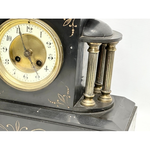 404 - A 19th Century Victorian 3 piece slate and brass clock set. 35x14x35.5cm. 26cm.