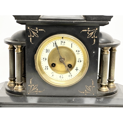 404 - A 19th Century Victorian 3 piece slate and brass clock set. 35x14x35.5cm. 26cm.