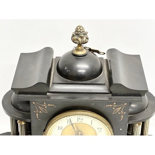 404 - A 19th Century Victorian 3 piece slate and brass clock set. 35x14x35.5cm. 26cm.