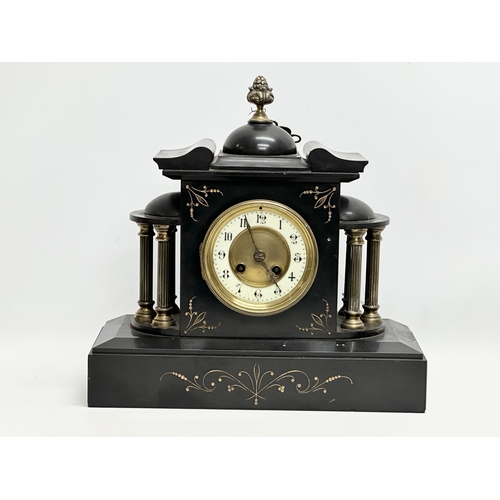 404 - A 19th Century Victorian 3 piece slate and brass clock set. 35x14x35.5cm. 26cm.