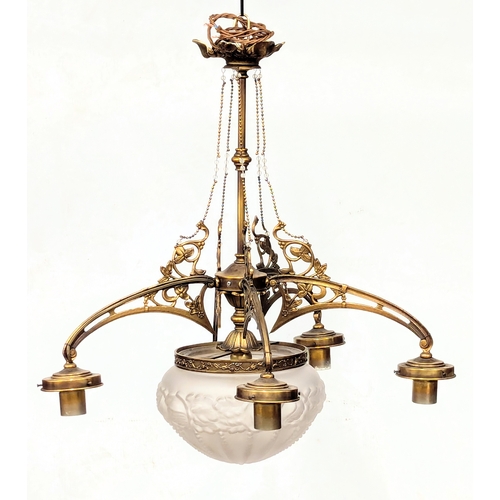 229 - A good quality Early 20th Century brass chandelier with glass shade. 63x77cm