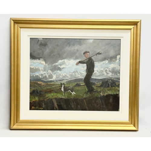 355 - John Connery. A large oil on canvas. Farmer and Sheep Dog. 76x61cm. Frame 107x92cm.