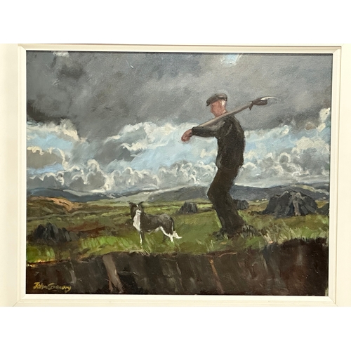 355 - John Connery. A large oil on canvas. Farmer and Sheep Dog. 76x61cm. Frame 107x92cm.