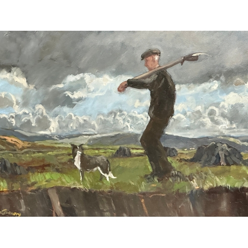 355 - John Connery. A large oil on canvas. Farmer and Sheep Dog. 76x61cm. Frame 107x92cm.