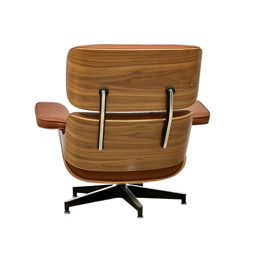 1 - A Charles & Ray Eames style leather swivel chair and ottoman. With rosewood veneer and chrome base. ... 