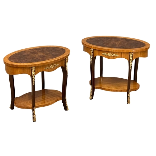 190 - A pair of French style burr walnut and mahogany 2 tier side tables/end tables with brass ormolu moun... 