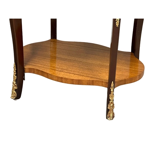 190 - A pair of French style burr walnut and mahogany 2 tier side tables/end tables with brass ormolu moun... 