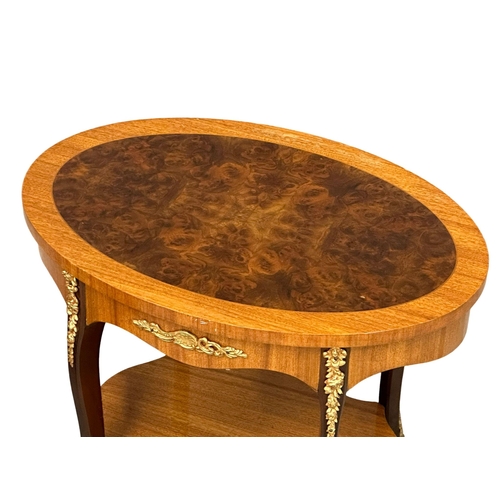 190 - A pair of French style burr walnut and mahogany 2 tier side tables/end tables with brass ormolu moun... 