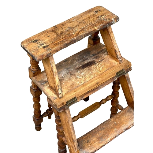 25 - A Late 19th Century Victorian pine metamorphic library chair, with bobbin turn supports. Circa 1880.... 