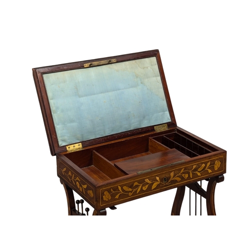 33 - A 19th Century Dutch marquetry inlaid mahogany work table with lyre shaped base. Circa 1840-1860. 49... 