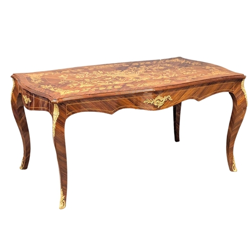 370 - A large Louis XV style inlaid dining table with brass ormolu mounts. 161x99x81.5cm. 6