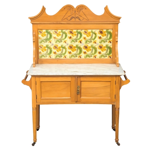 504 - A Late 19th Century Victorian satin walnut marble top washstand with Art Nouveau tiles. Circa 1880/1... 