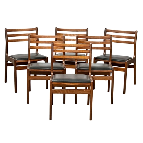 505 - A set of 6 good quality Mid Century Burmese teak dining chairs with black vinyl seats. 2