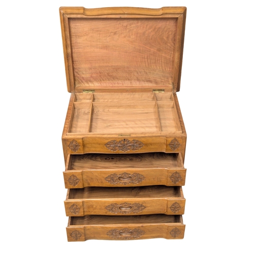 646 - A vintage carved olive wood work box with 3 drawers. 60.5x45x58cm. 1