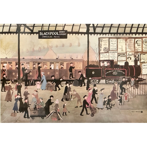 304 - Helen Bradley. A signed print of Blackpool Station. 57cm x 40cm. Frame 75cm x 59cm.