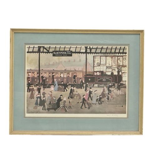 304 - Helen Bradley. A signed print of Blackpool Station. 57cm x 40cm. Frame 75cm x 59cm.