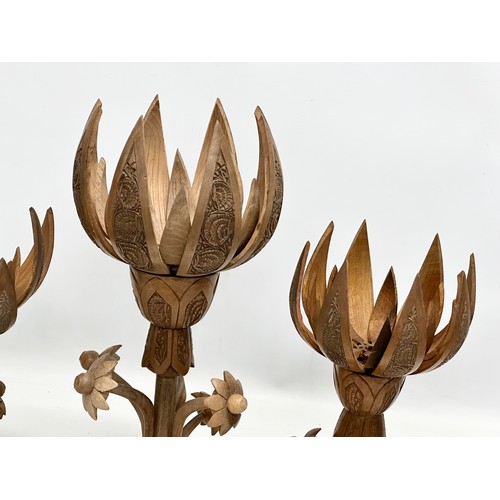 242 - 3 Mid 20th Century carved lotus table lamps. No wiring. Largest 43cm. Pair 33cm