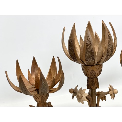 242 - 3 Mid 20th Century carved lotus table lamps. No wiring. Largest 43cm. Pair 33cm