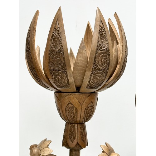 242 - 3 Mid 20th Century carved lotus table lamps. No wiring. Largest 43cm. Pair 33cm