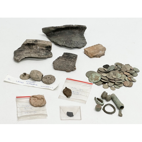 63 - Ancient Rome and Egypt. A quantity of artefacts. Including Roman coins, Roman British Seal Box Lid, ... 