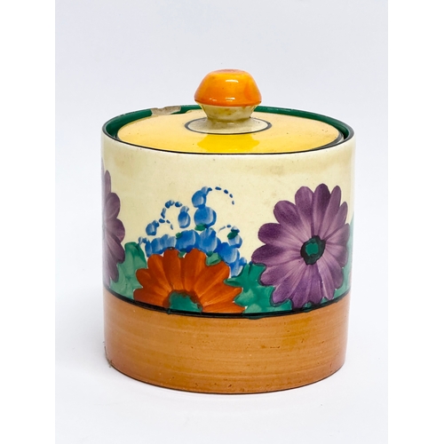 158 - Clarice Cliff. A 1930’s “Gayday” jam pot with spoon. Designed by Clarice Cliff for Wilkinson LTD. Bi... 