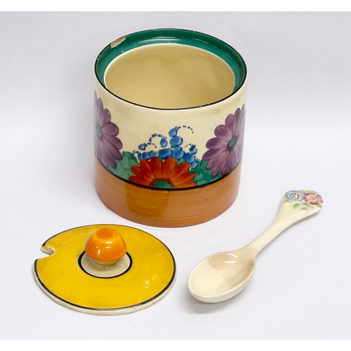 158 - Clarice Cliff. A 1930’s “Gayday” jam pot with spoon. Designed by Clarice Cliff for Wilkinson LTD. Bi... 