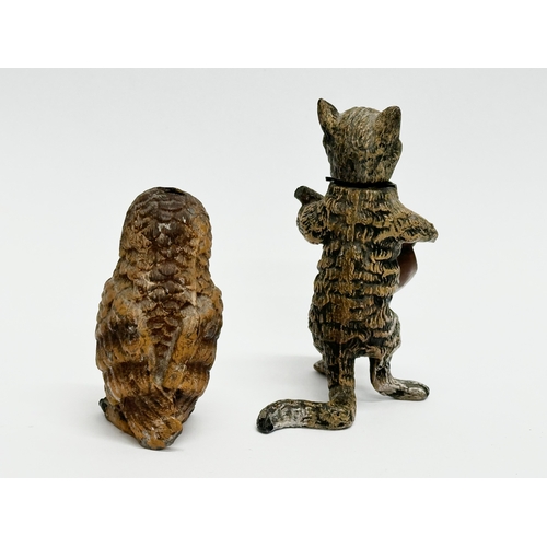 79 - The Owl & The Pussy Cat. 2 Late 19th/Early 20th Century cold painted spelter figures. In the manner ... 