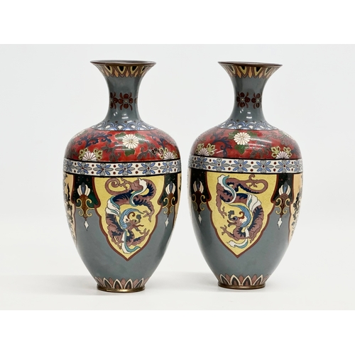 83 - A set of 3 Early 20th Century Japanese cloisonné enamel vases. Late Meiji Period (1868-1912) pair me... 