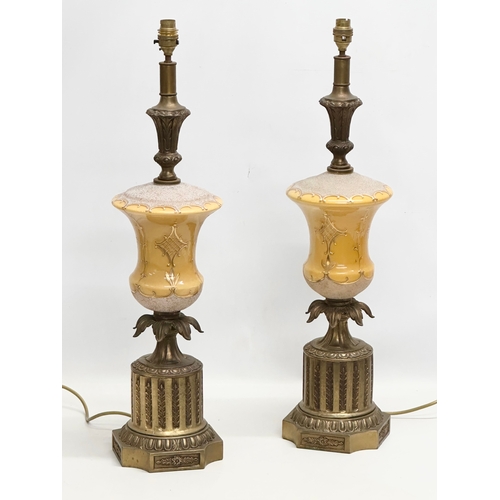 15 - A pair of large Mid 20th Century American glass table lamps with brass column and base. Base measure... 