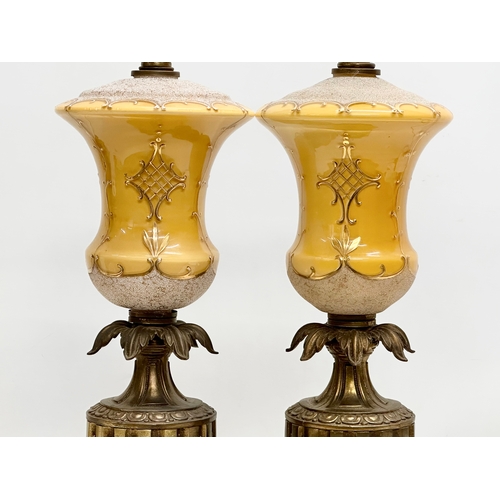 15 - A pair of large Mid 20th Century American glass table lamps with brass column and base. Base measure... 