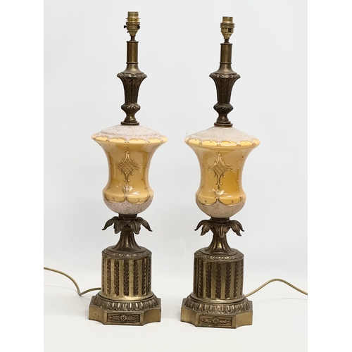 15 - A pair of large Mid 20th Century American glass table lamps with brass column and base. Base measure... 