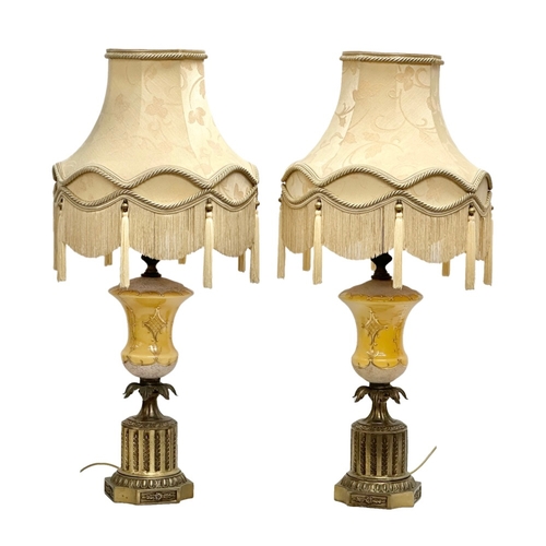 15 - A pair of large Mid 20th Century American glass table lamps with brass column and base. Base measure... 