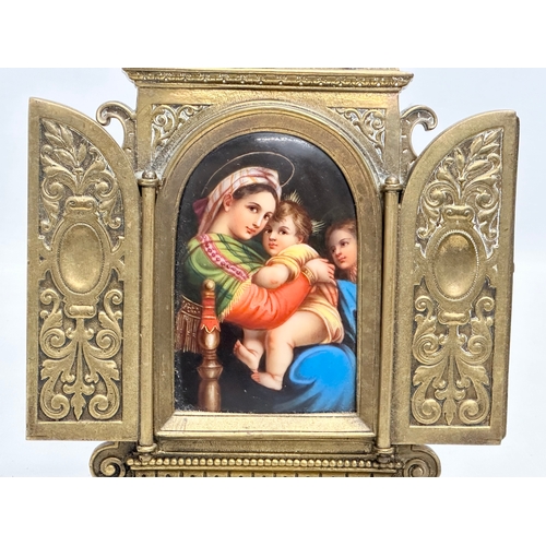 52 - A Late 19th Century brass framed triptych  religious icon, with porcelain Madonna and Child panel. 1... 