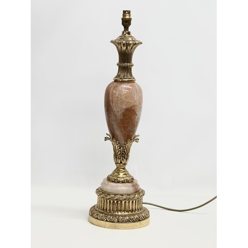 150 - A large good quality brass and marble table lamp. Base 68cm. 93cm with shade.