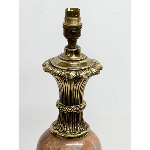 150 - A large good quality brass and marble table lamp. Base 68cm. 93cm with shade.